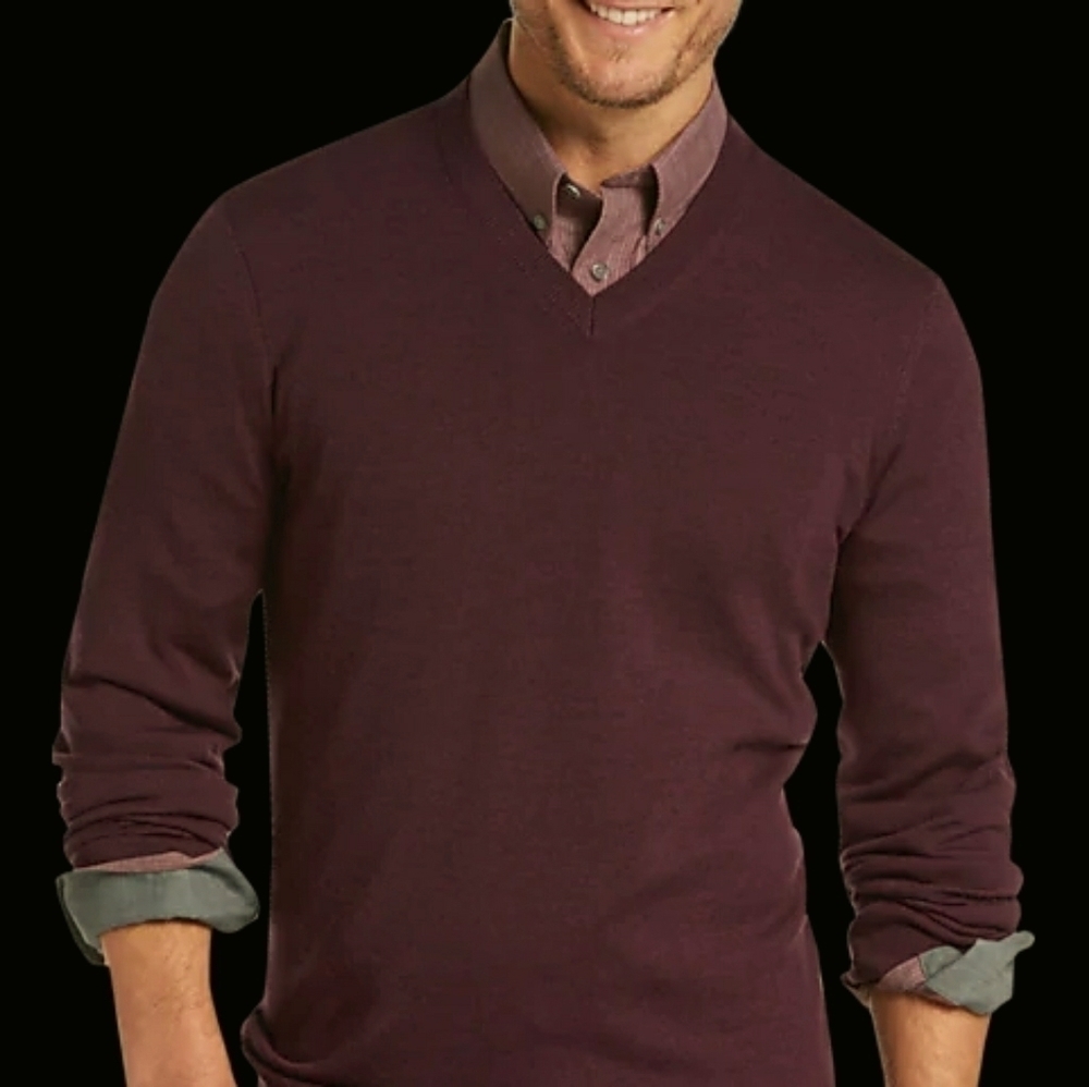 NEW! THOMAS DEAN Men's Burgandy/Wine Color Fine Merino Wool V-neck Sweater Med.